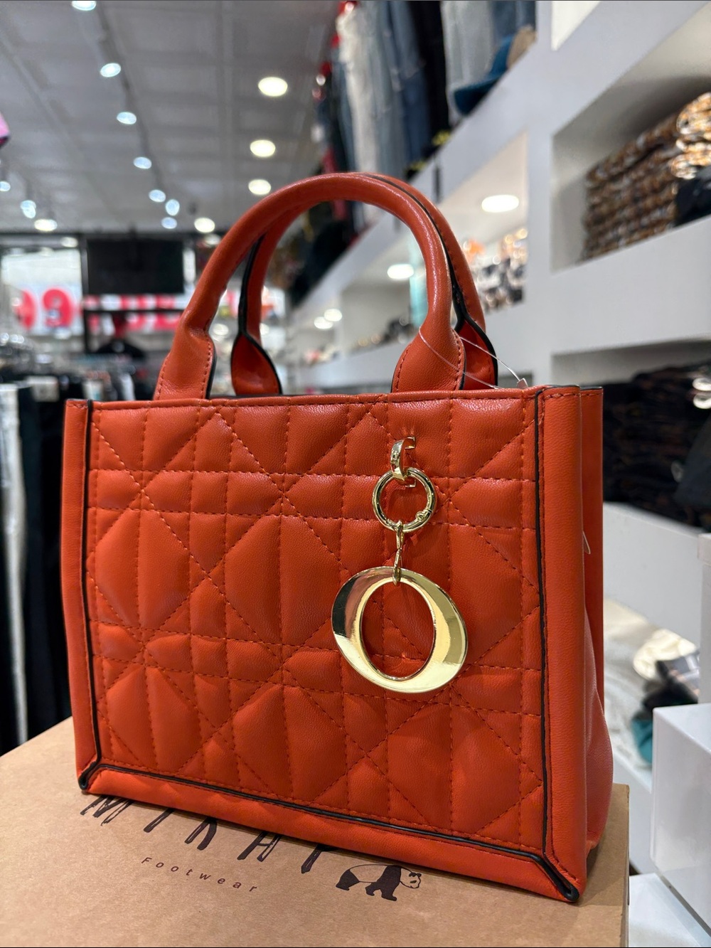 Quilted Orange Top-Handle Tote with Gold Accent